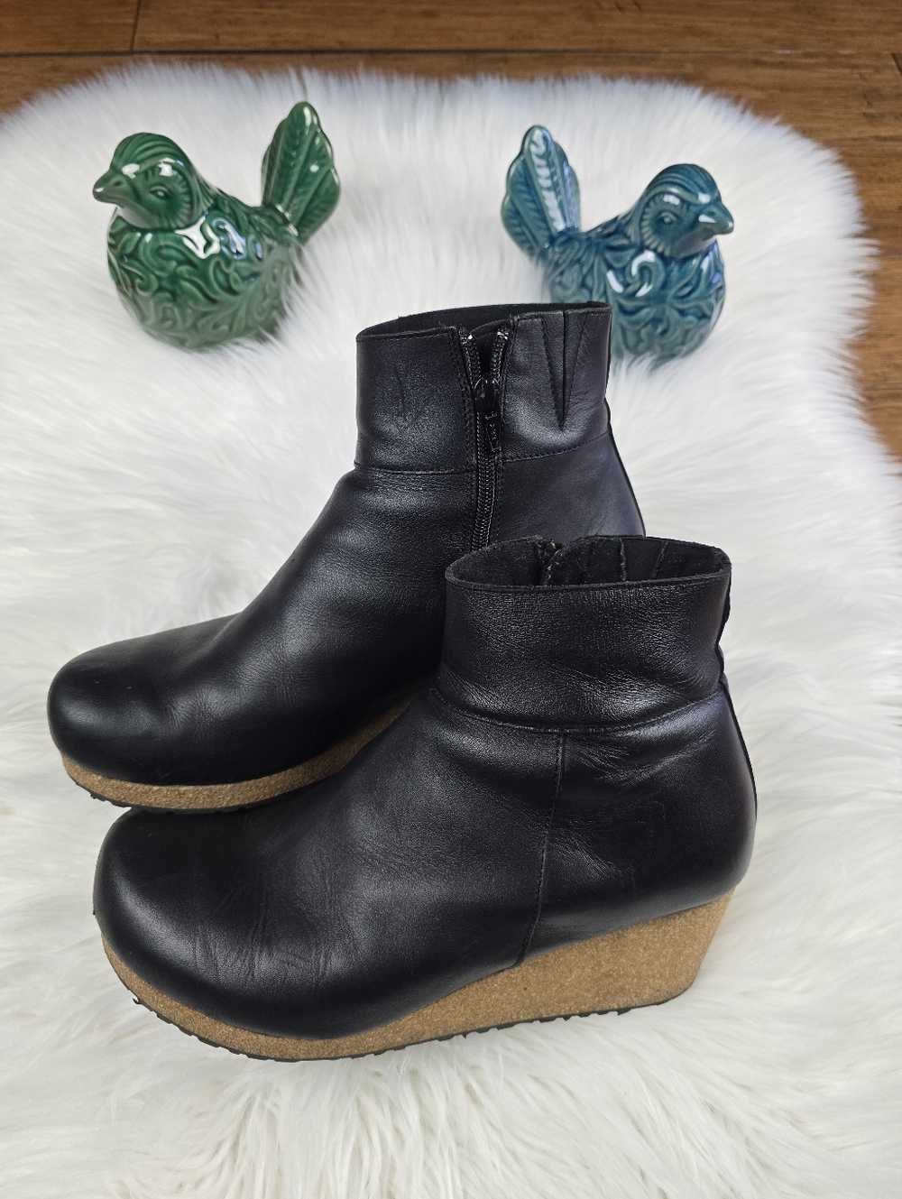 Birkenstock Papillio FLAWED Ebba Black Leather Ankle Boot Wedge Bootie 40